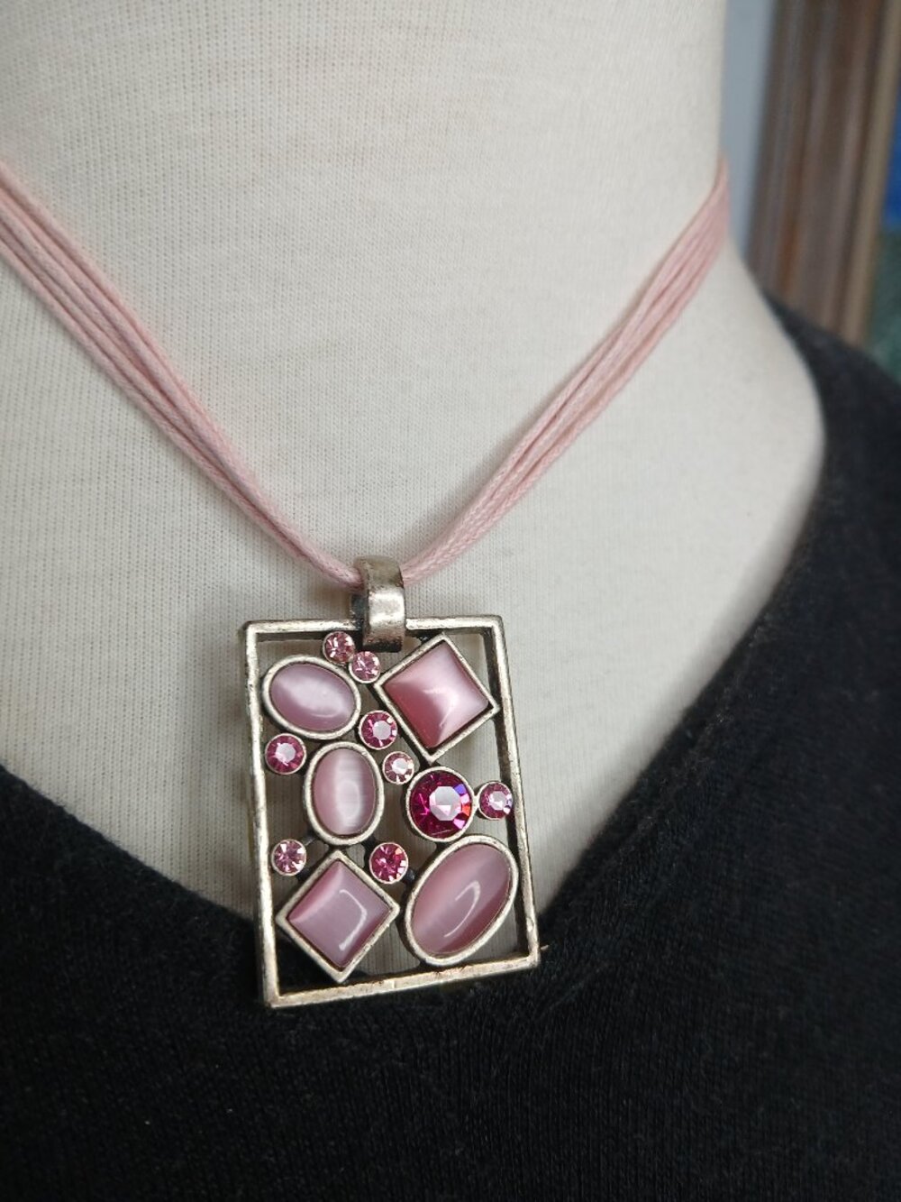 Lia Sophia pink geometric pendant necklace on multiple pink string FLAWS